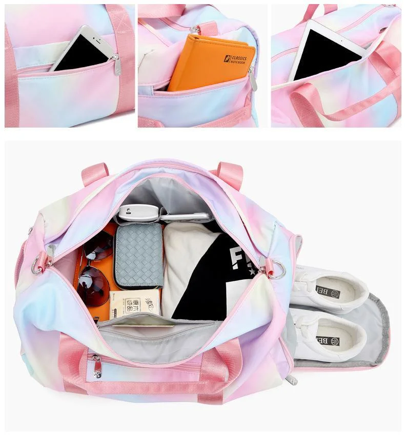 Wholesale Shoes Compartment Weekender Bag Customize Rainbow Girls Travel Duffel Bag Large Capacity Pink Gym Sport Shoulder Bag